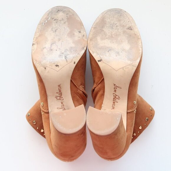 Sam Edelman Tan Suede Leather Round Toe Block Heel Studded Ankle Boots Booties - Picture 7 of 16